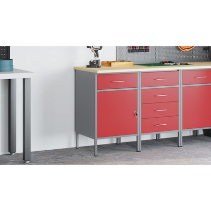 Work Bench with Drawer with Lock Red and Grey 50 x 55 x 85 cm