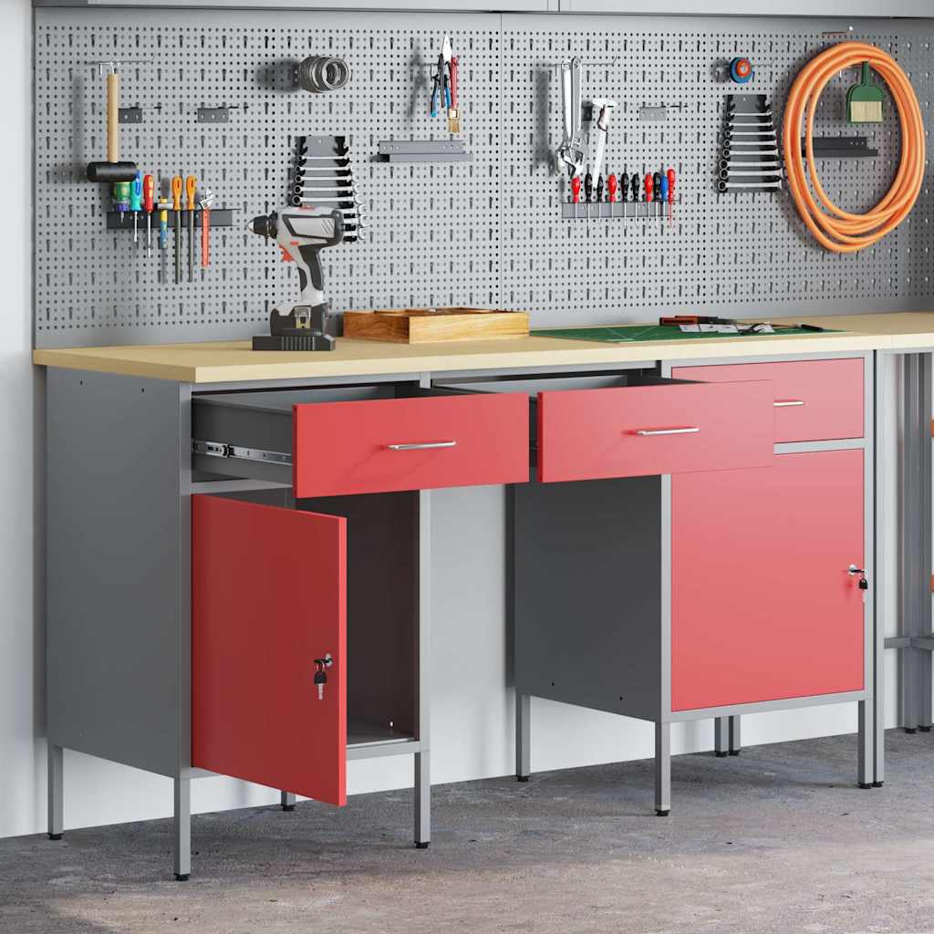 Work Cabinet with Drawer 3 pcs Red Engineered Wood and Steel