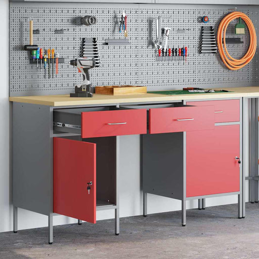 Work Cabinet with Drawer 3 pcs Red Engineered Wood and Steel