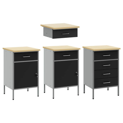 Work Cabinet with Drawer 4 pcs Black Engineered Wood and Steel