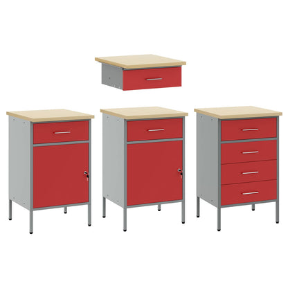 Work Cabinet with Drawer 4 pcs Red Engineered Wood and Steel