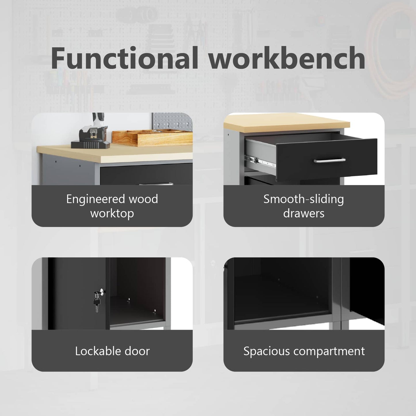 Work Cabinet Set with Drawer with Storage 5 pcs Black and Grey