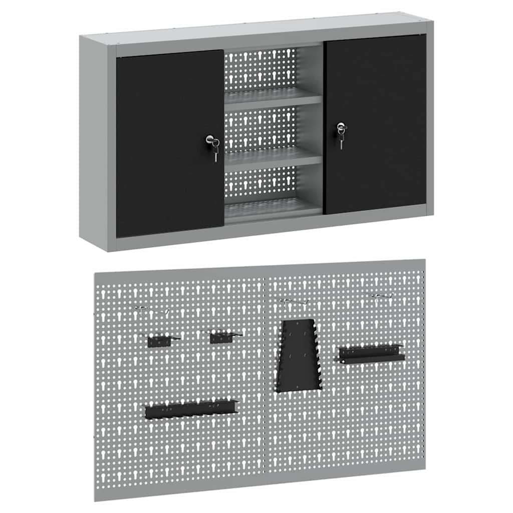 Tool Cabinet Set with Shelf 3 pcs Black Powder-Coated Steel