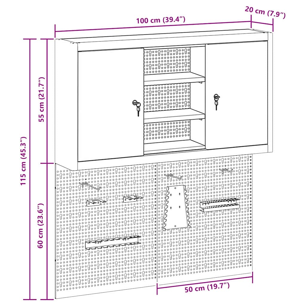 Tool Cabinet Set with Shelf 3 pcs Black Powder-Coated Steel