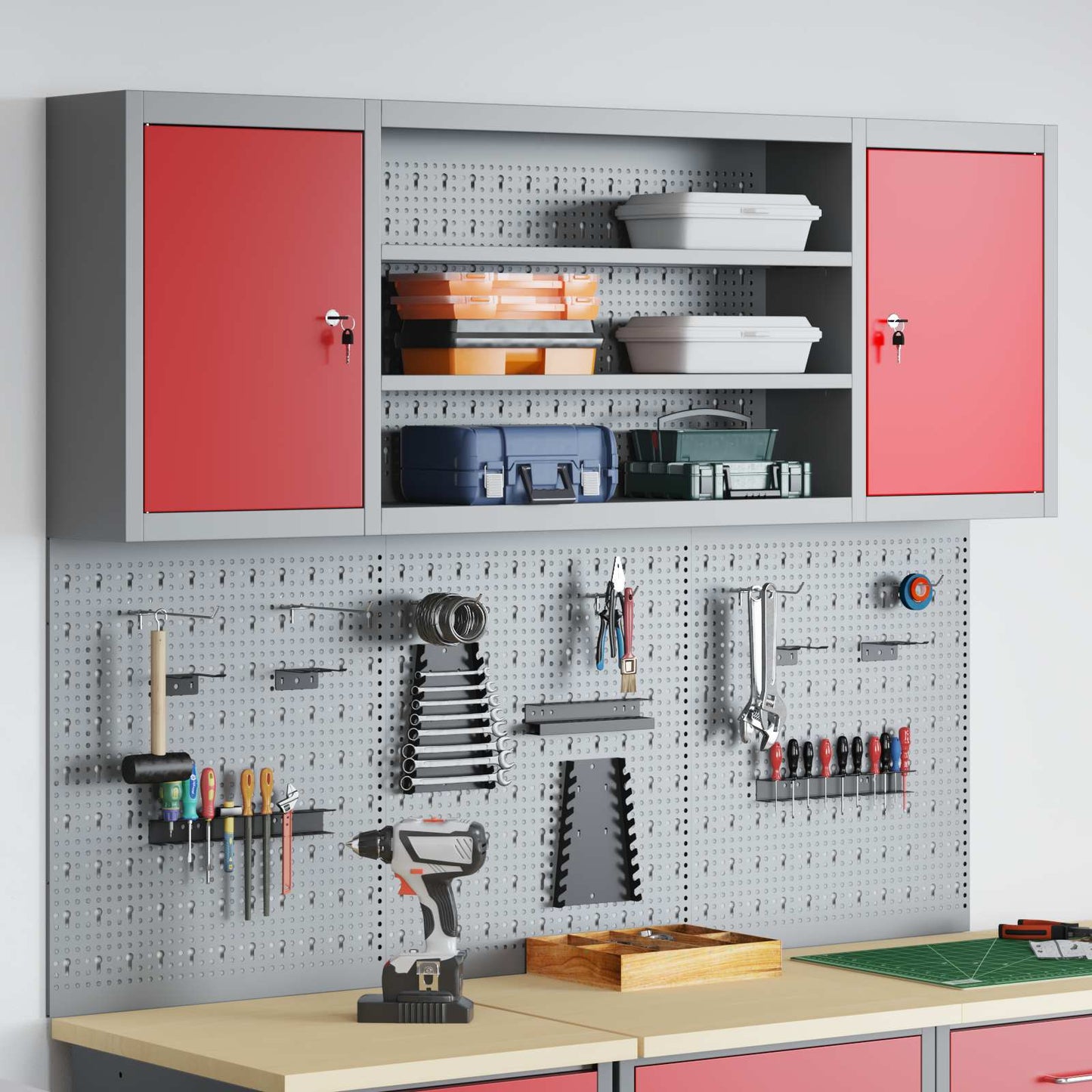 Tool Cabinet Set with Shelf 4 pcs Red Powder-Coated Steel