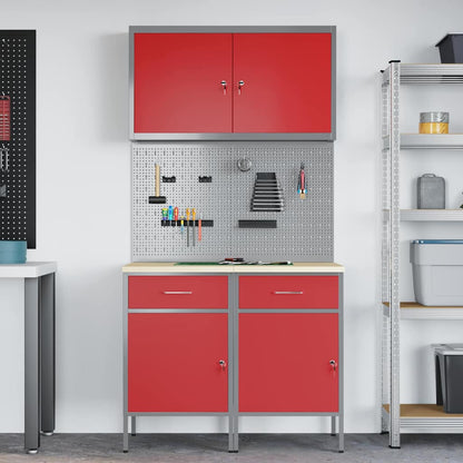 Work Cabinet with Drawer 5 pcs Red Engineered Wood and Steel