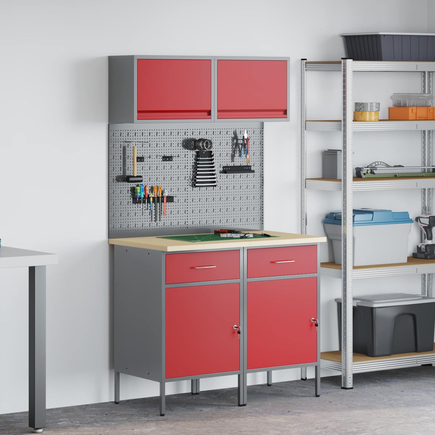Work Cabinet Set with Drawer with Shelf with Storage 6 pcs Red