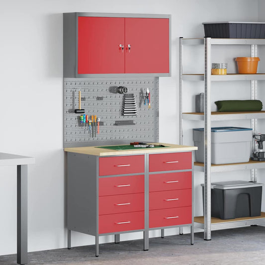 Work Cabinet with Drawer 5 pcs Red Engineered Wood and Steel