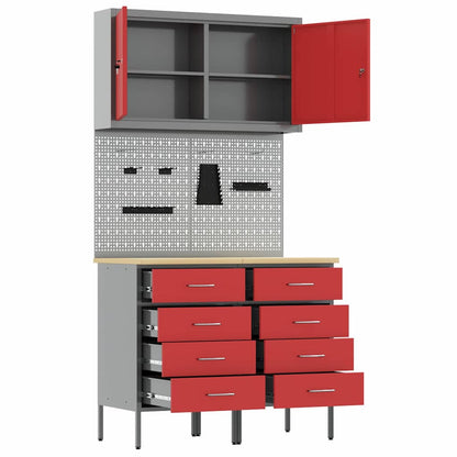 Work Cabinet with Drawer 5 pcs Red Engineered Wood and Steel