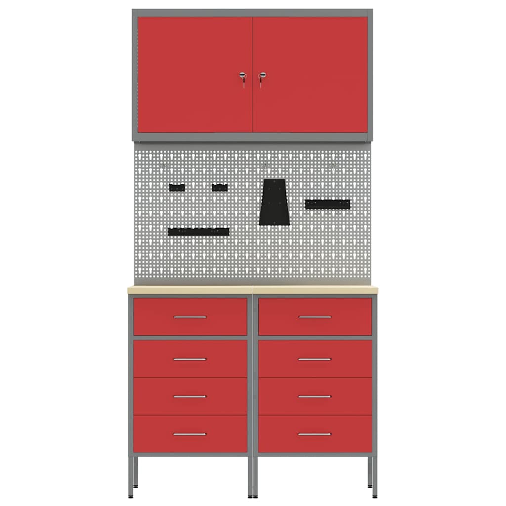 Work Cabinet with Drawer 5 pcs Red Engineered Wood and Steel