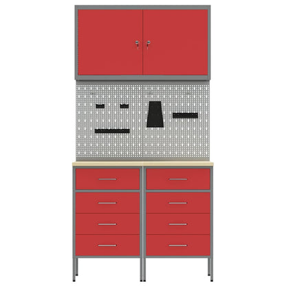 Work Cabinet with Drawer 5 pcs Red Engineered Wood and Steel