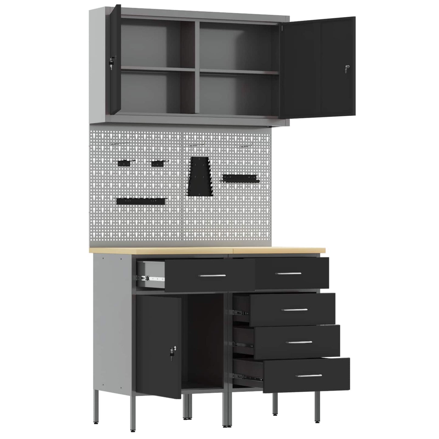 Work Cabinet with Drawer 5 pcs Black Engineered Wood and Steel
