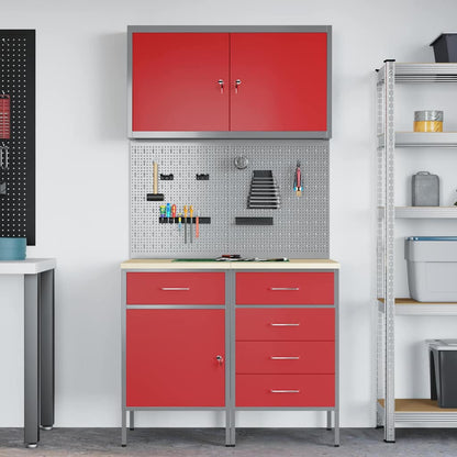 Work Cabinet with Drawer 5 pcs Red Engineered Wood and Steel