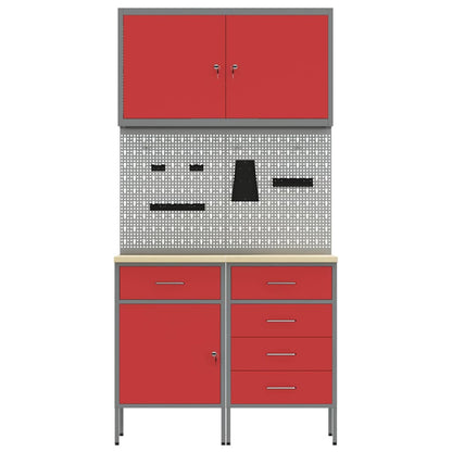 Work Cabinet with Drawer 5 pcs Red Engineered Wood and Steel