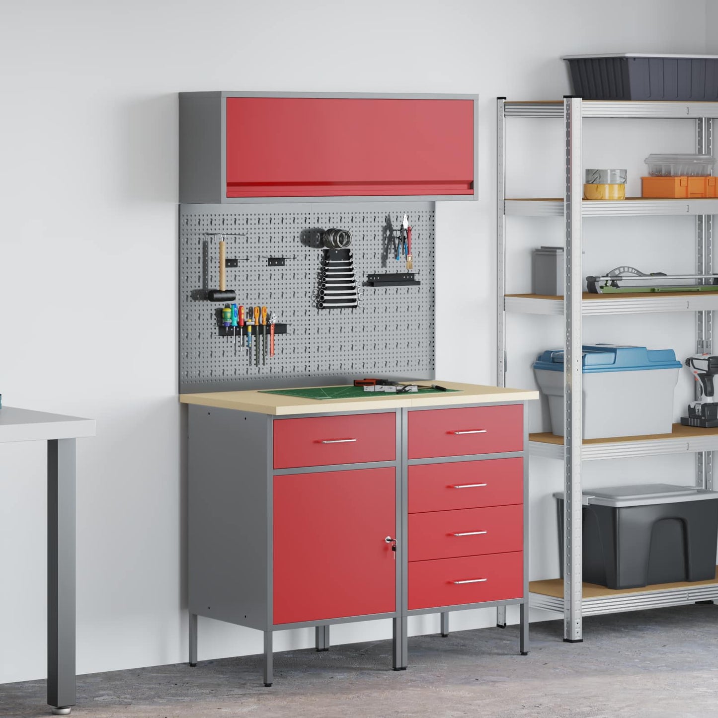 Work Cabinet Set with Drawer with Shelf with Storage 5 pcs Red