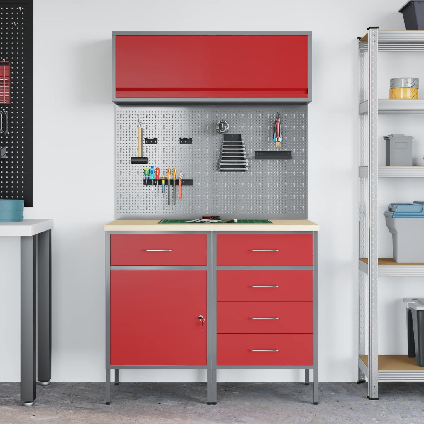 Work Cabinet Set with Drawer with Shelf with Storage 5 pcs Red