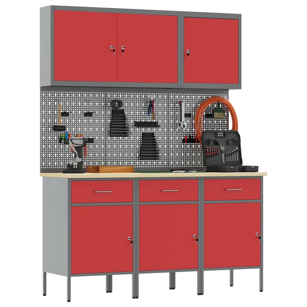 Work Cabinet with Drawer 8 pcs Red Engineered Wood and Steel