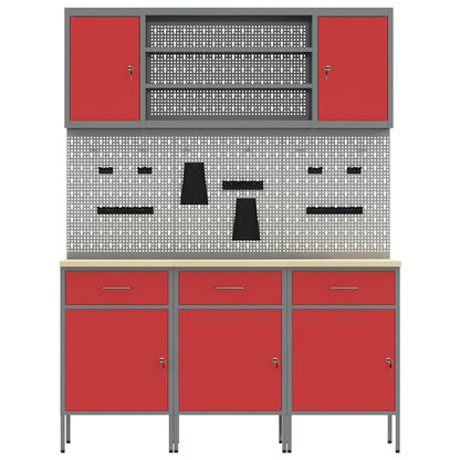 Work Cabinet with Drawer 7 pcs Red Engineered Wood and Steel