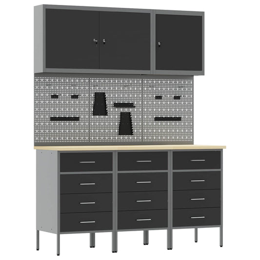 Work Cabinet with Drawer 8 pcs Black Engineered Wood and Steel