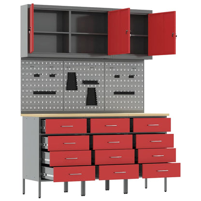 Work Cabinet with Drawer 8 pcs Red Engineered Wood and Steel
