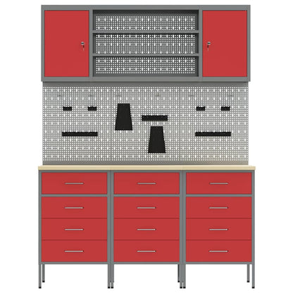 Work Cabinet with Drawer 7 pcs Red Engineered Wood and Steel