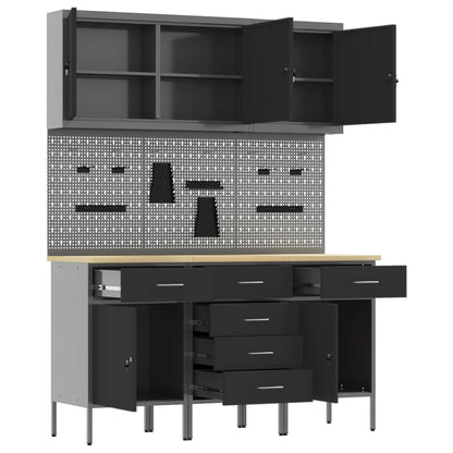 Work Cabinet with Drawer 8 pcs Black Engineered Wood and Steel