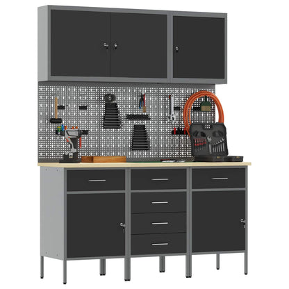 Work Cabinet with Drawer 8 pcs Black Engineered Wood and Steel