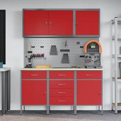 Work Cabinet with Drawer 8 pcs Red Engineered Wood and Steel