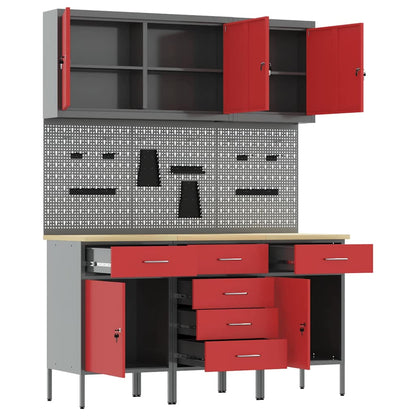 Work Cabinet with Drawer 8 pcs Red Engineered Wood and Steel