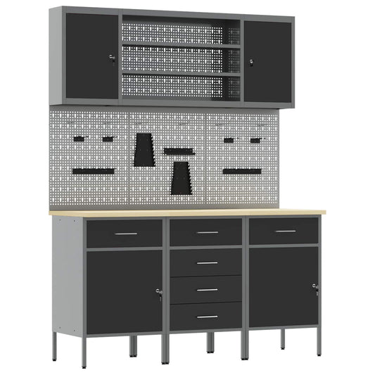 Work Cabinet with Drawer 7 pcs Black Engineered Wood and Steel