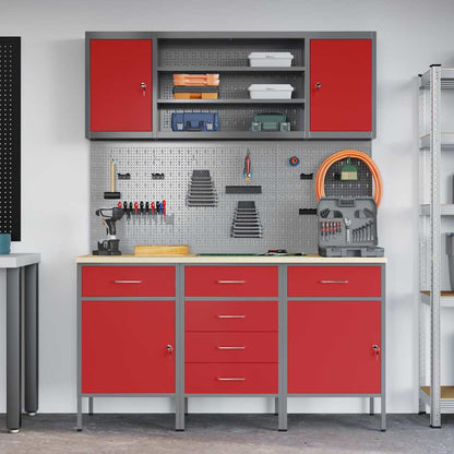 Work Cabinet with Drawer 7 pcs Red Engineered Wood and Steel