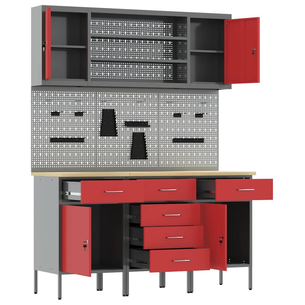 Work Cabinet with Drawer 7 pcs Red Engineered Wood and Steel