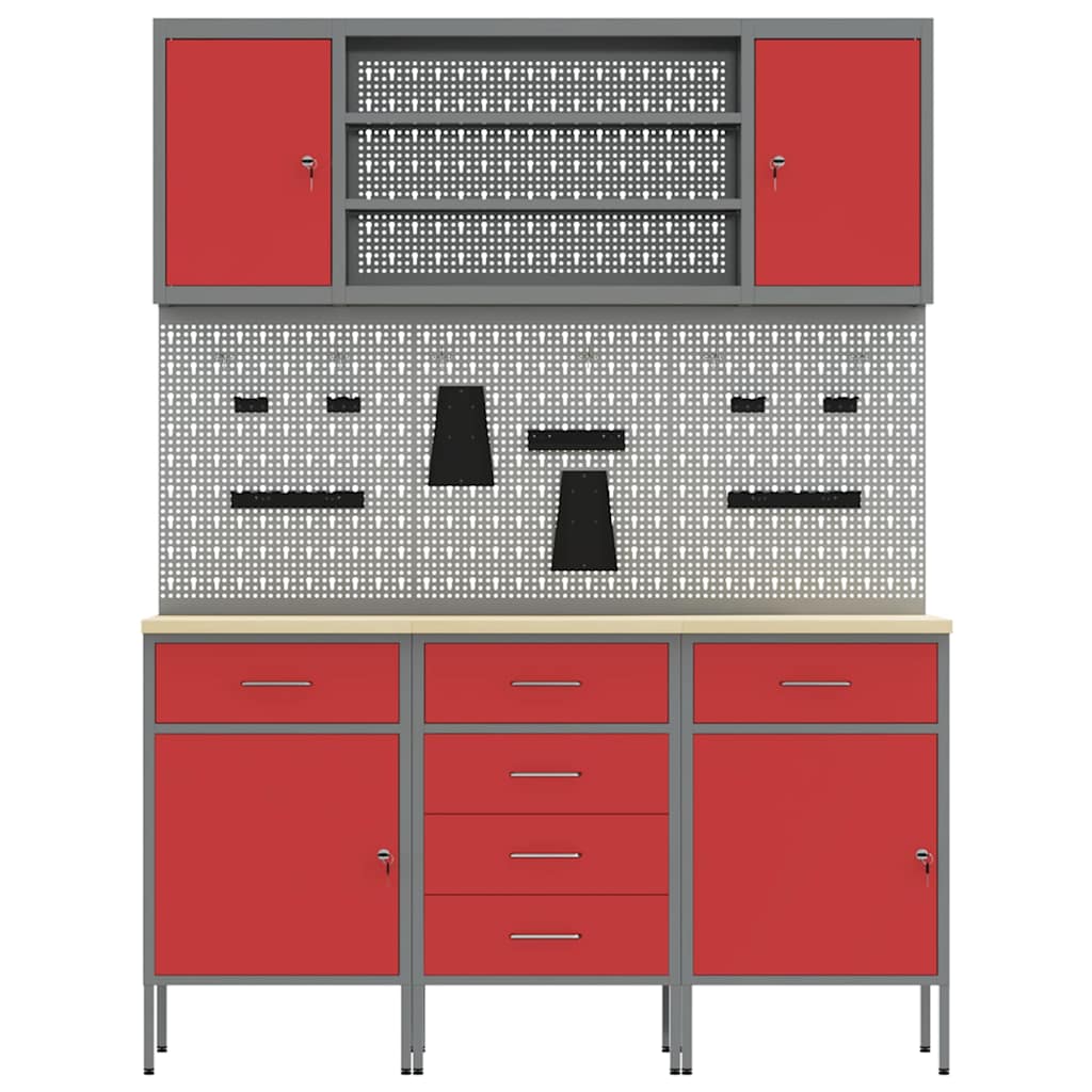 Work Cabinet with Drawer 7 pcs Red Engineered Wood and Steel