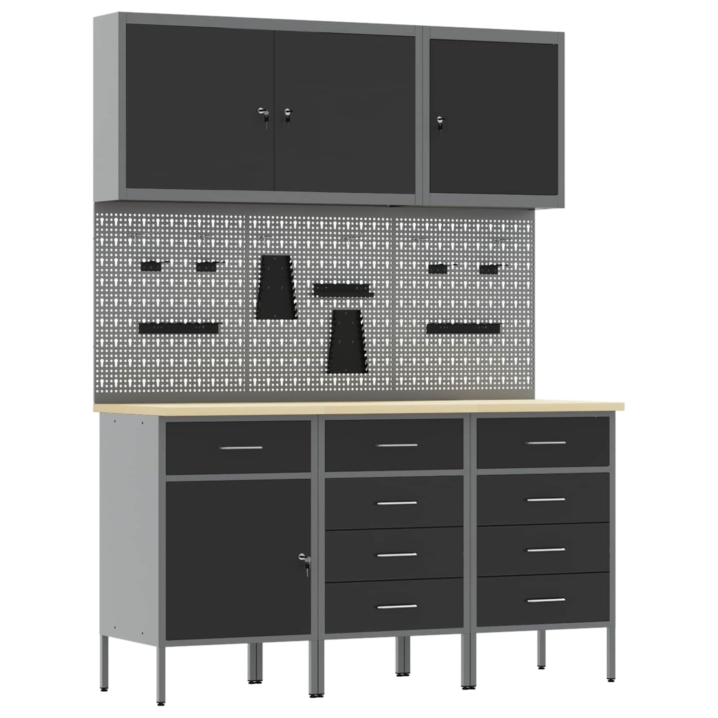 Work Cabinet with Drawer 8 pcs Black Engineered Wood and Steel