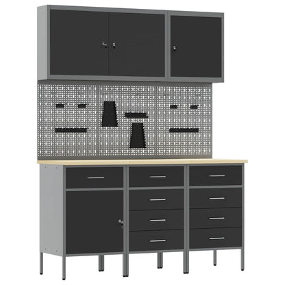 Work Cabinet with Drawer 8 pcs Black Engineered Wood and Steel