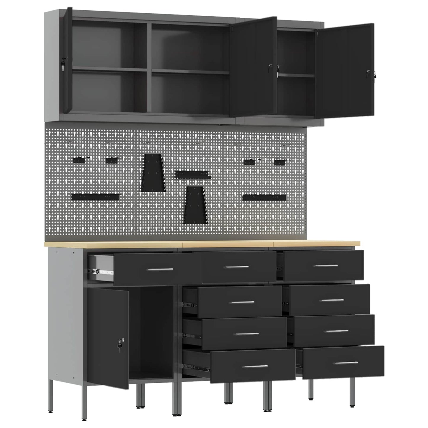 Work Cabinet with Drawer 8 pcs Black Engineered Wood and Steel