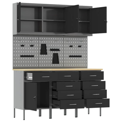 Work Cabinet with Drawer 8 pcs Black Engineered Wood and Steel