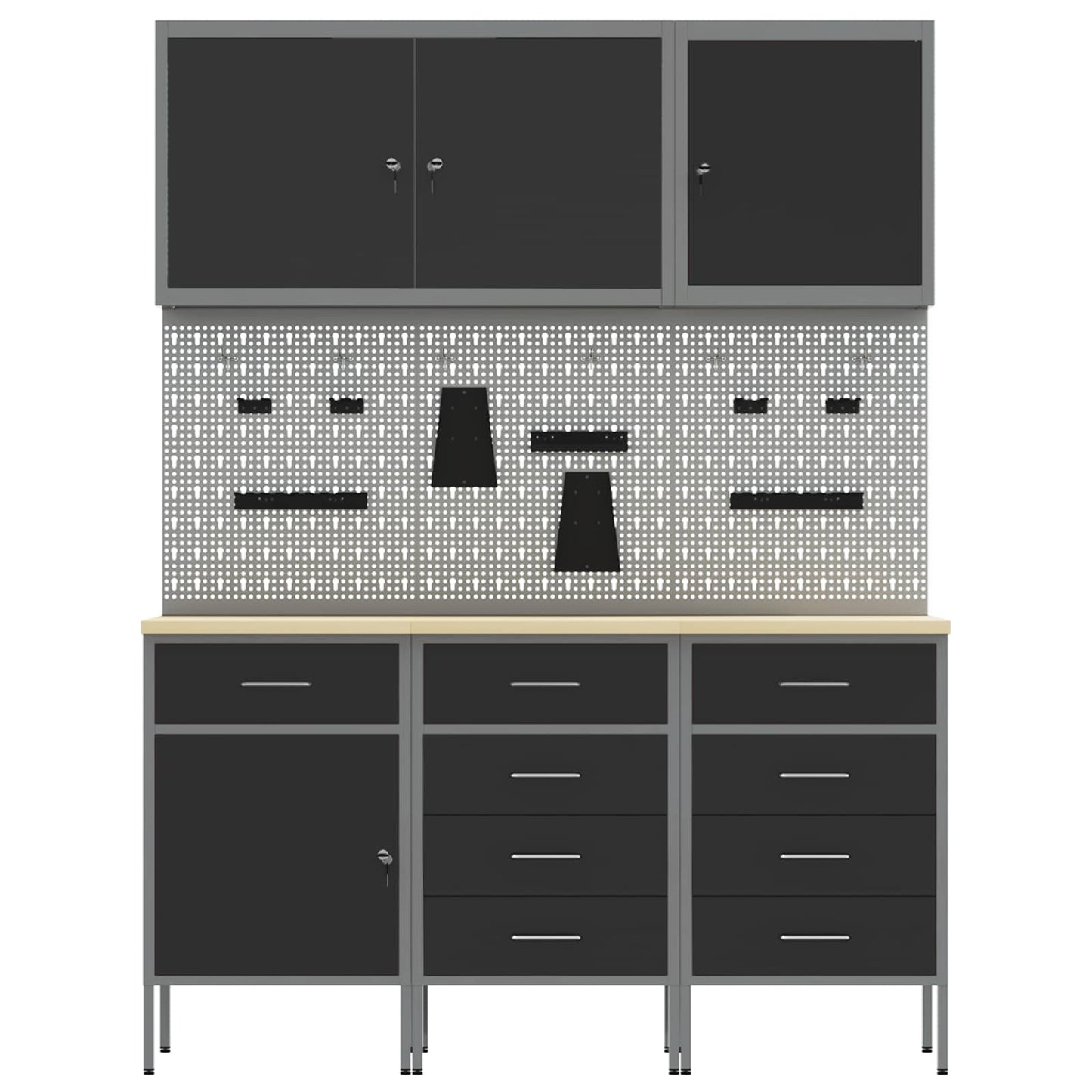 Work Cabinet with Drawer 8 pcs Black Engineered Wood and Steel