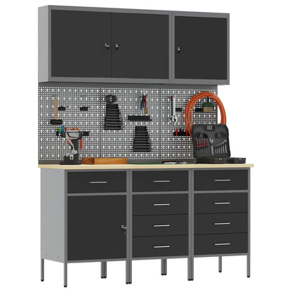 Work Cabinet with Drawer 8 pcs Black Engineered Wood and Steel
