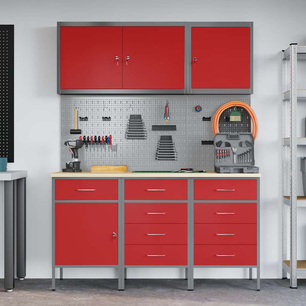 Work Cabinet with Drawer 8 pcs Red Engineered Wood and Steel