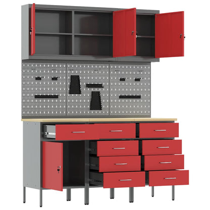 Work Cabinet with Drawer 8 pcs Red Engineered Wood and Steel