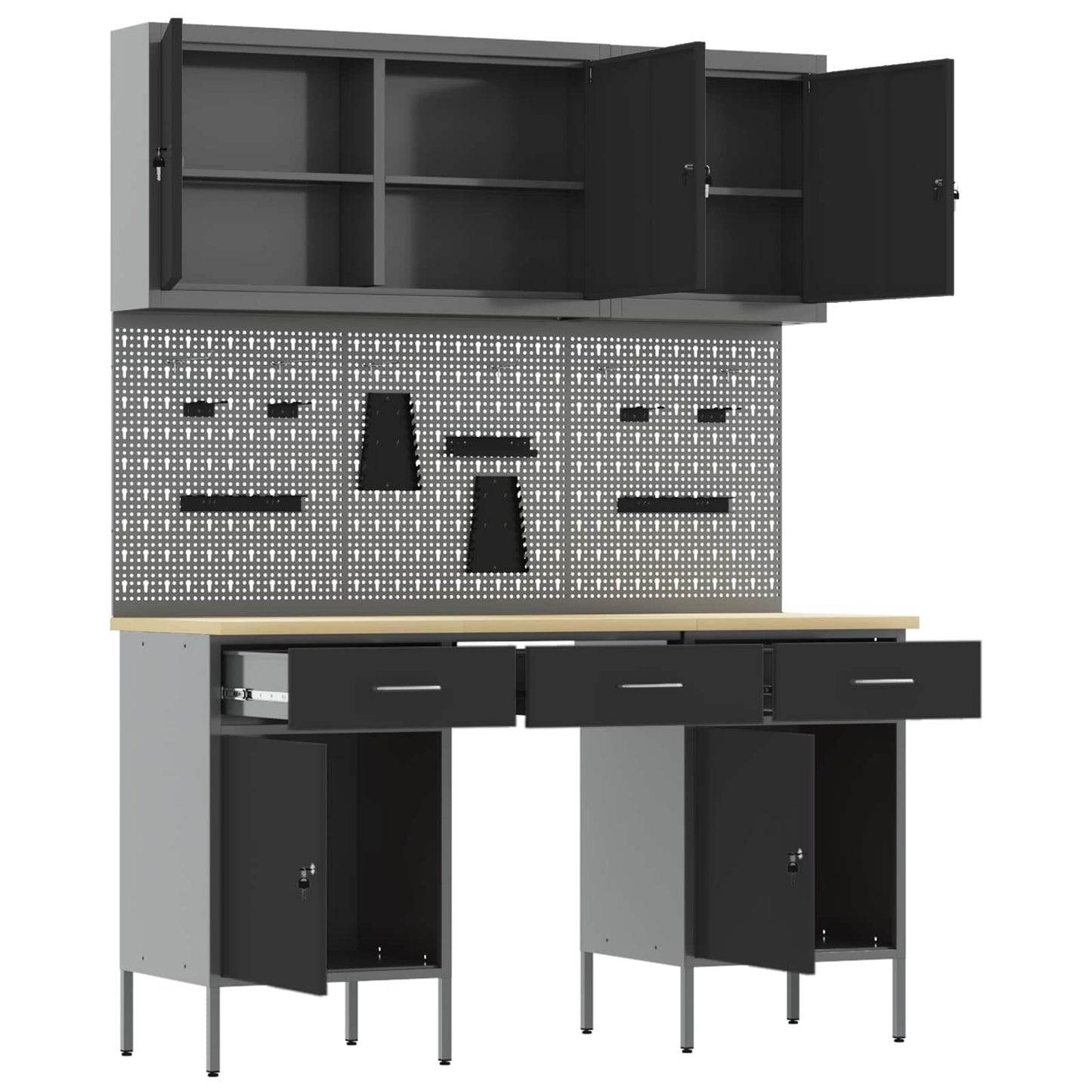 Work Cabinet with Drawer 10 pcs Black Engineered Wood and Steel