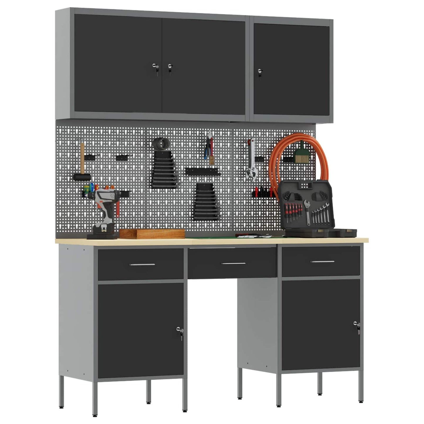 Work Cabinet with Drawer 10 pcs Black Engineered Wood and Steel