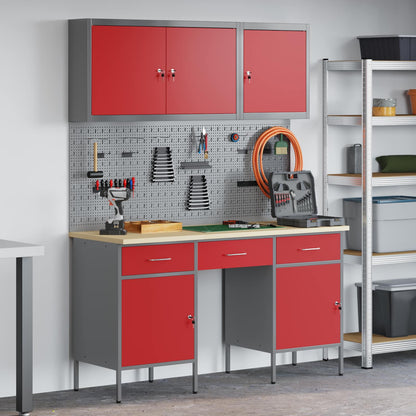 Work Cabinet 8 pcs Red and Grey Engineered Wood and Steel