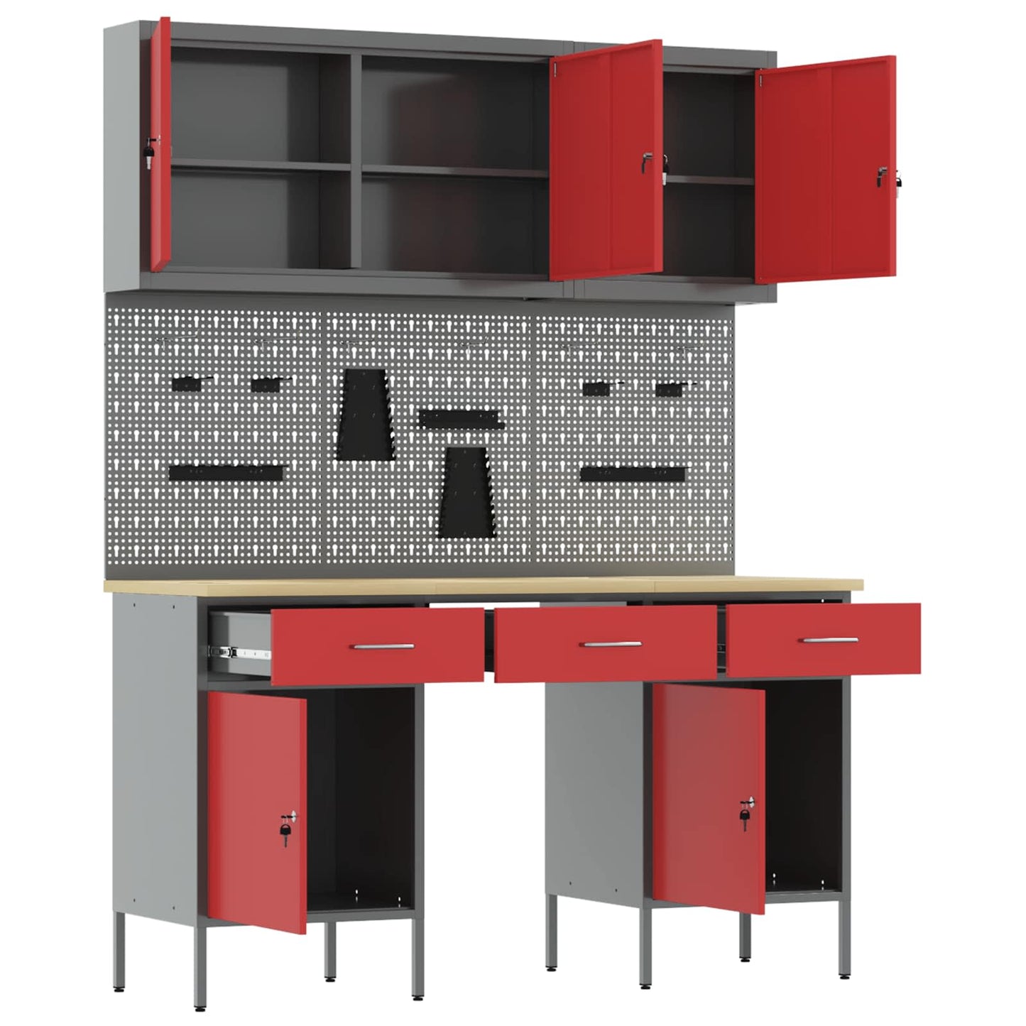 Work Cabinet 8 pcs Red and Grey Engineered Wood and Steel