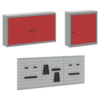 Work Cabinet 8 pcs Red and Grey Engineered Wood and Steel