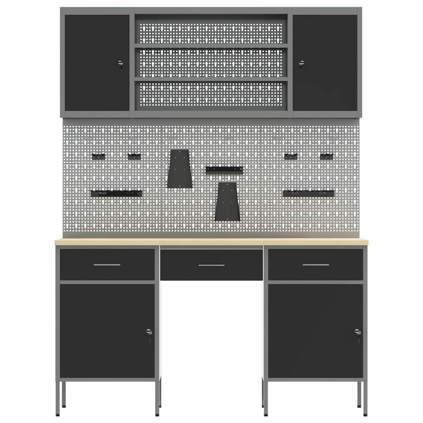 Work Cabinet with Drawer 10 pcs Black Engineered Wood and Steel