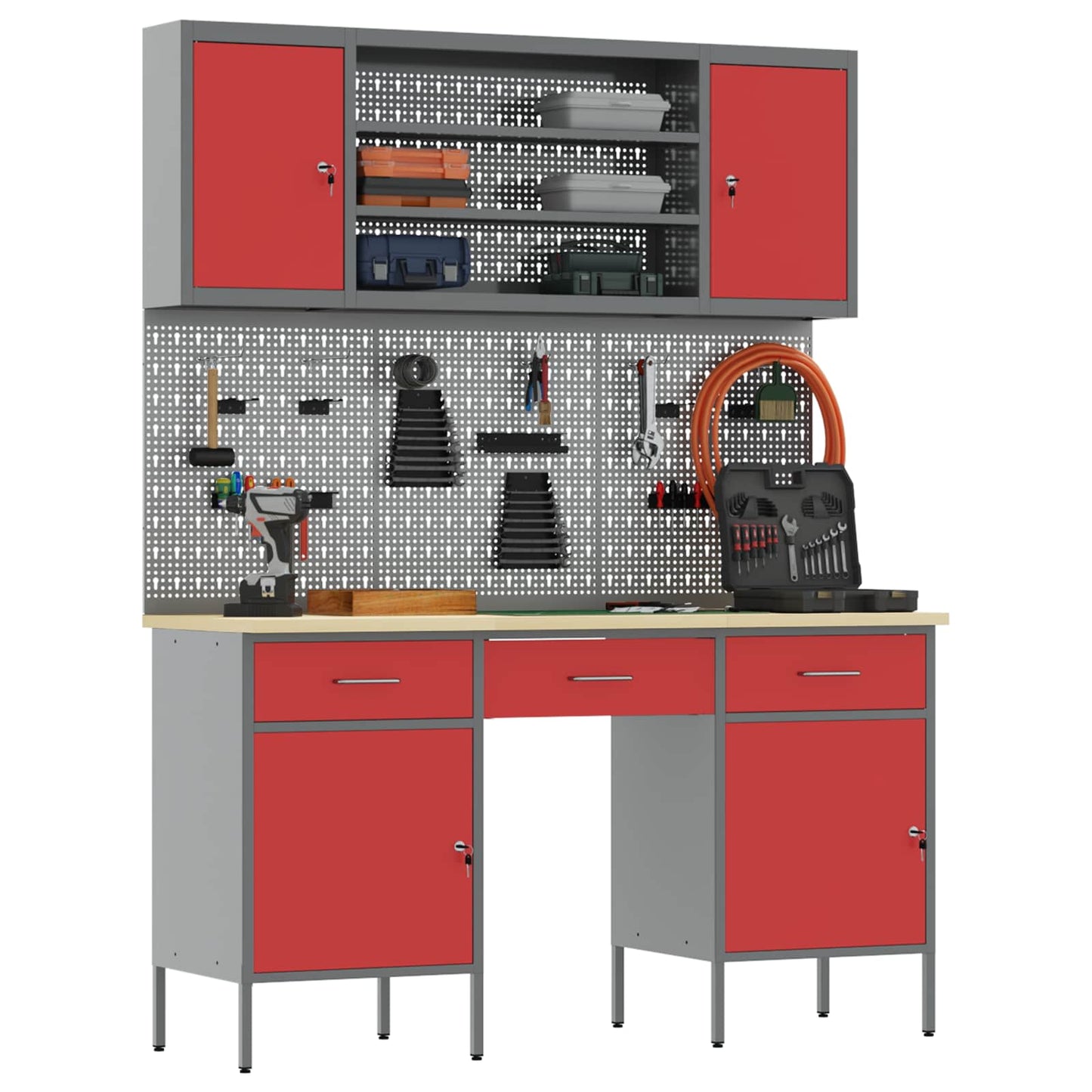 Work Cabinet 7 pcs Red and Grey Engineered Wood and Steel