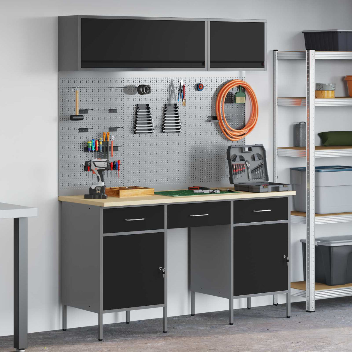 Work Cabinet Set with Drawer with Shelf Manual 8 pcs Black