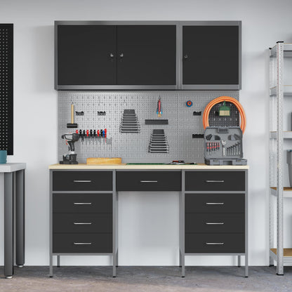 Work Cabinet with Drawer 8 pcs Black Engineered Wood and Steel
